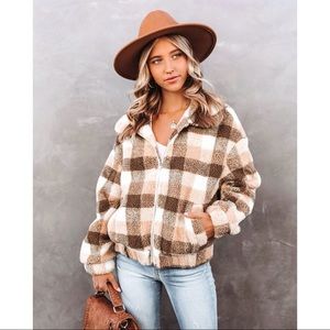 PLAID POCKETED TEDDY JACKET